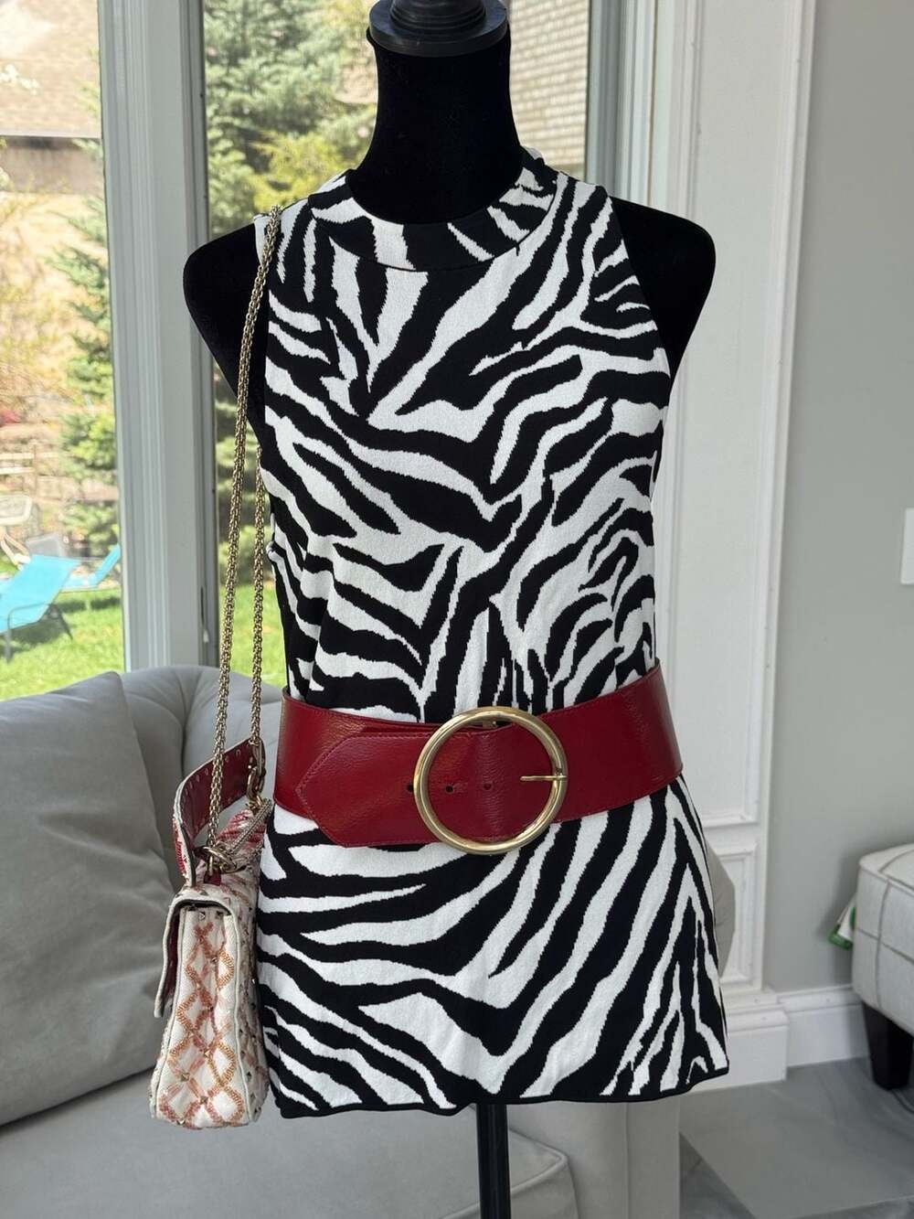 White House Black Market Zebra Print Mock Neck Knit Tank Top MEDIUM
